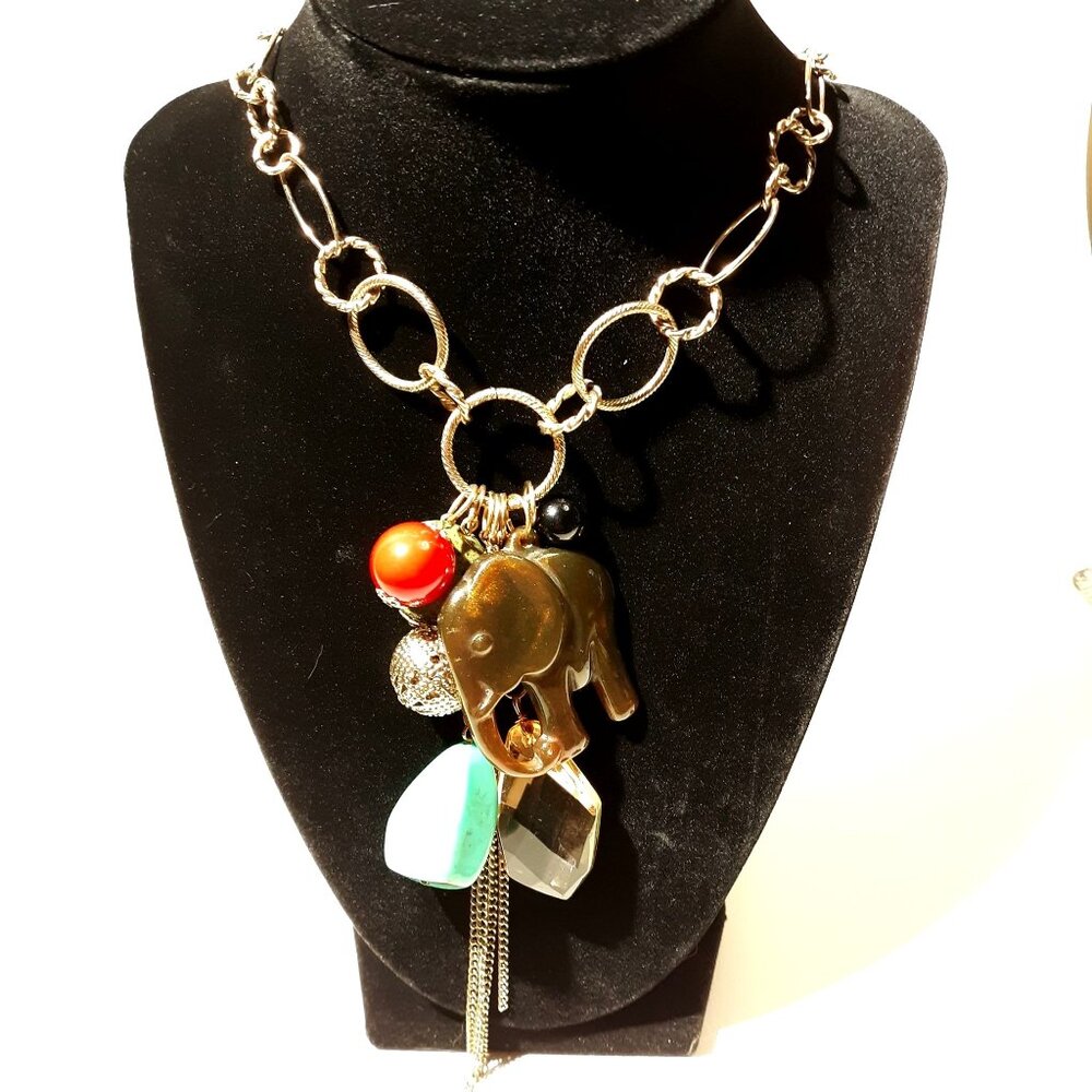 Goldtone Charm Chain Necklace Elephant Amber Crystal Beads